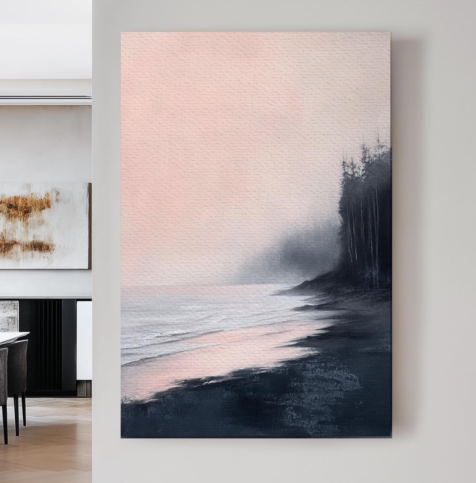 Serene Seascape Canvas Art | Impressionistic Oil Print | Coastal Bohemian Wall Art For Living Room | Blush Pink Charcoal Art Vertical Canvas