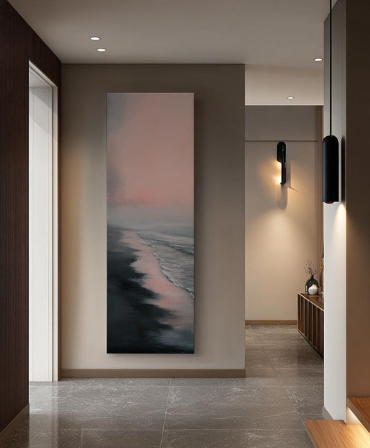 Serene Seascape Canvas Art | Impressionistic Brushstroke Print | Tranquil Coastal Wall Art For Bedroom Long Vertical Art