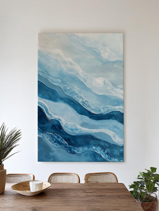 Serene Seascape Canvas Art | Impasto Textured Print | Coastal Bohemian Wall Art For Living Room | Cerulean Silverleaf Art Vertical Canvas