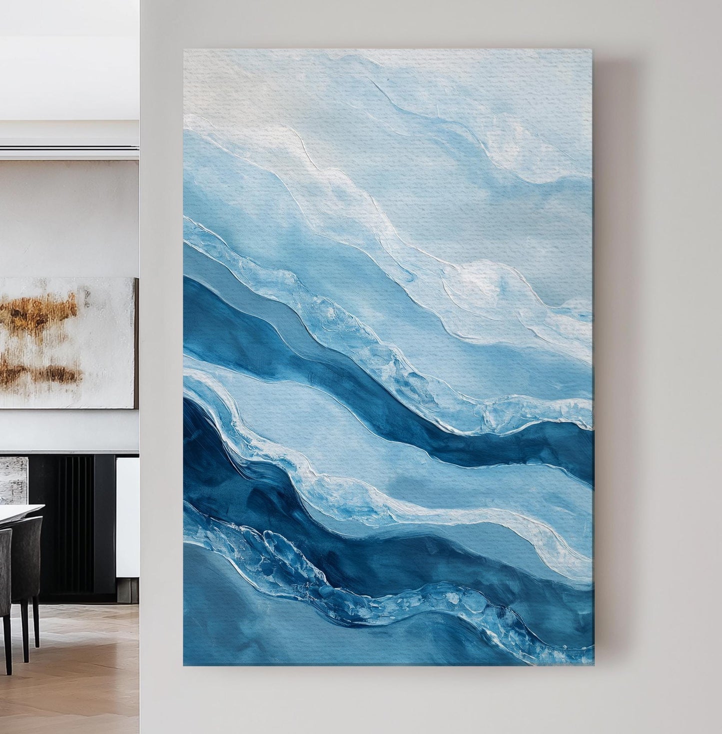 Serene Seascape Canvas Art | Impasto Textured Print | Coastal Bohemian Wall Art For Living Room | Cerulean Silverleaf Art Vertical Canvas