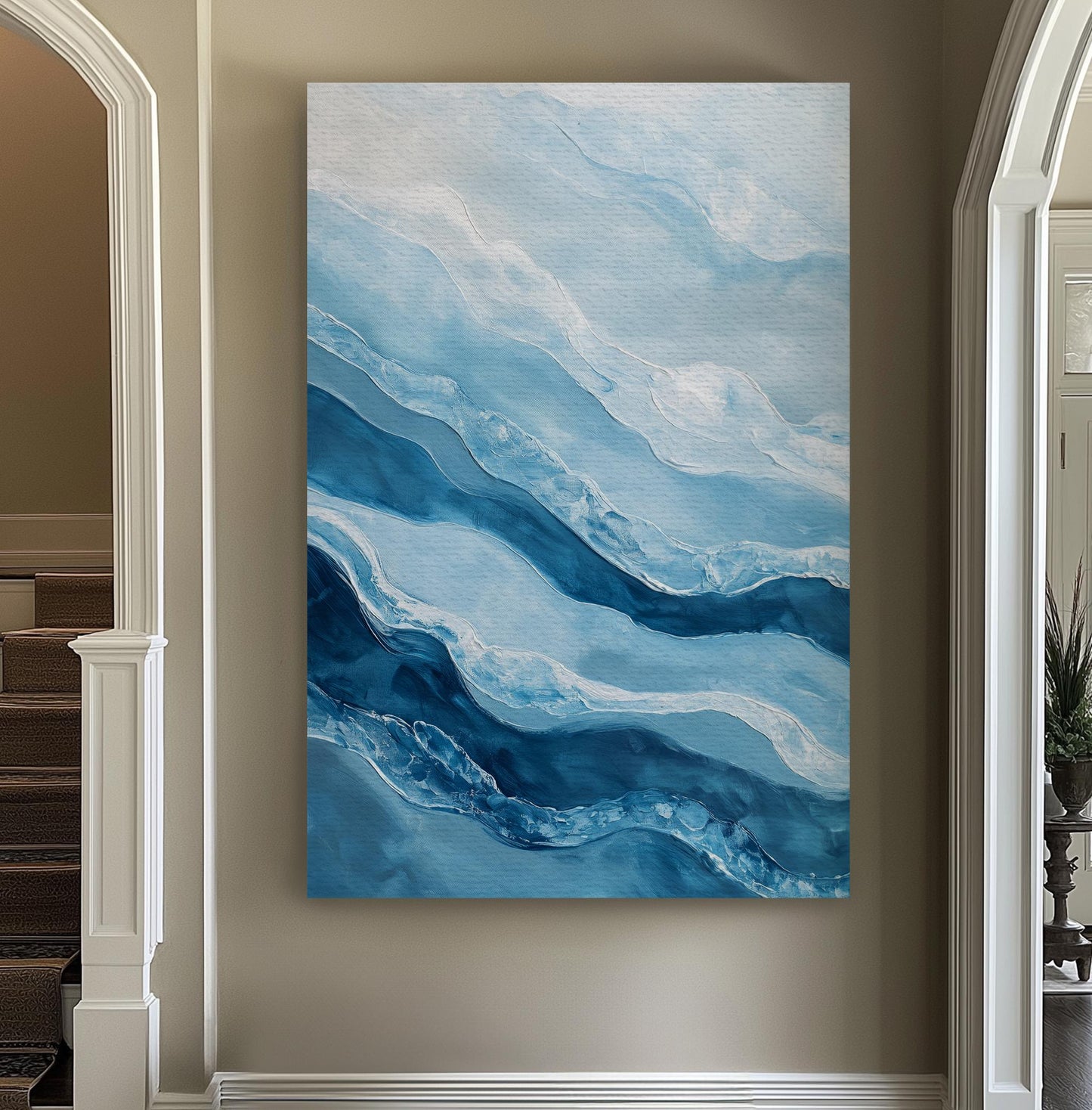Serene Seascape Canvas Art | Impasto Textured Print | Coastal Bohemian Wall Art For Living Room | Cerulean Silverleaf Art Vertical Canvas