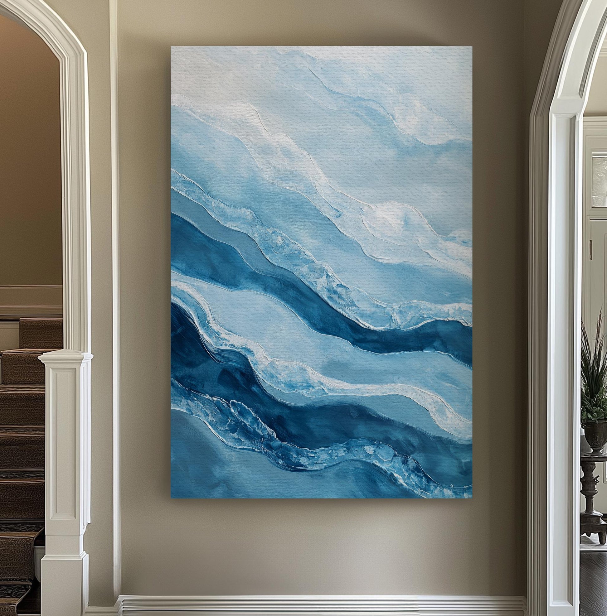 Serene Seascape Canvas Art | Impasto Textured Print | Coastal Bohemian Wall Art For Living Room | Cerulean Silverleaf Art Vertical Canvas