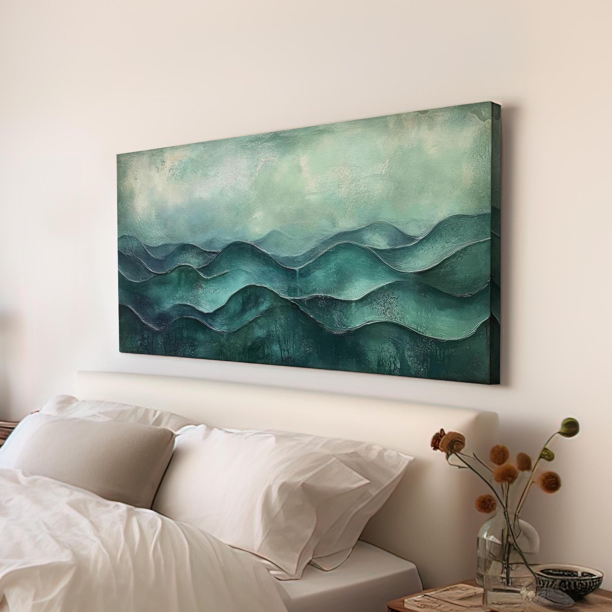 Serene Seascape Canvas Art | Impasto Textured Print | Biophilic Wall Art For Living Room | Jadeite Green Art Horizontal Art