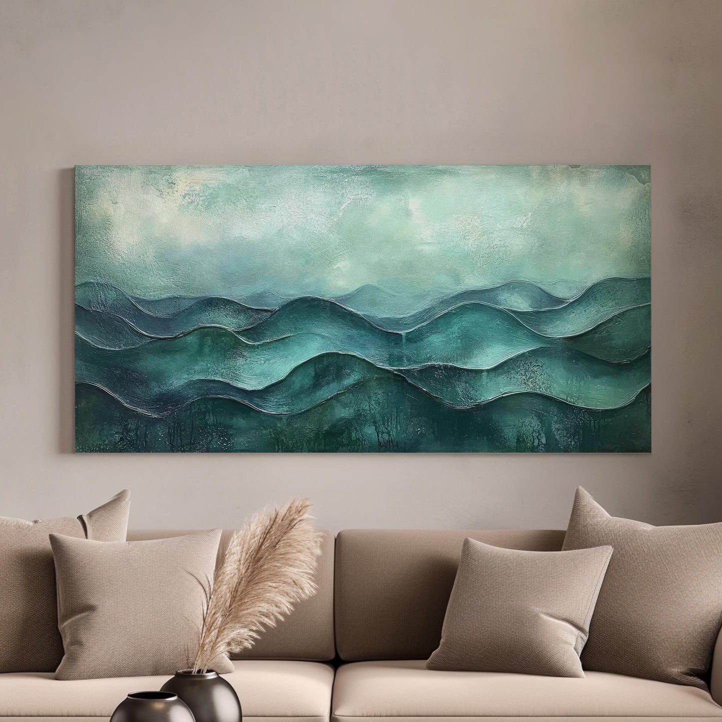 Serene Seascape Canvas Art | Impasto Textured Print | Biophilic Wall Art For Living Room | Jadeite Green Art Horizontal Art