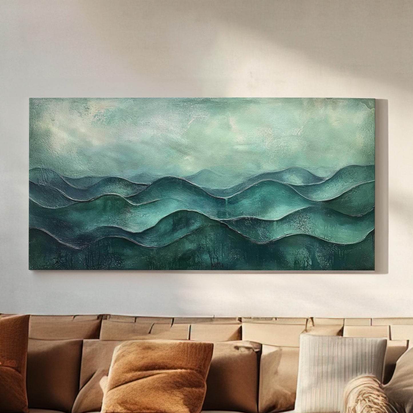 Serene Seascape Canvas Art | Impasto Textured Print | Biophilic Wall Art For Living Room | Jadeite Green Art Horizontal Art