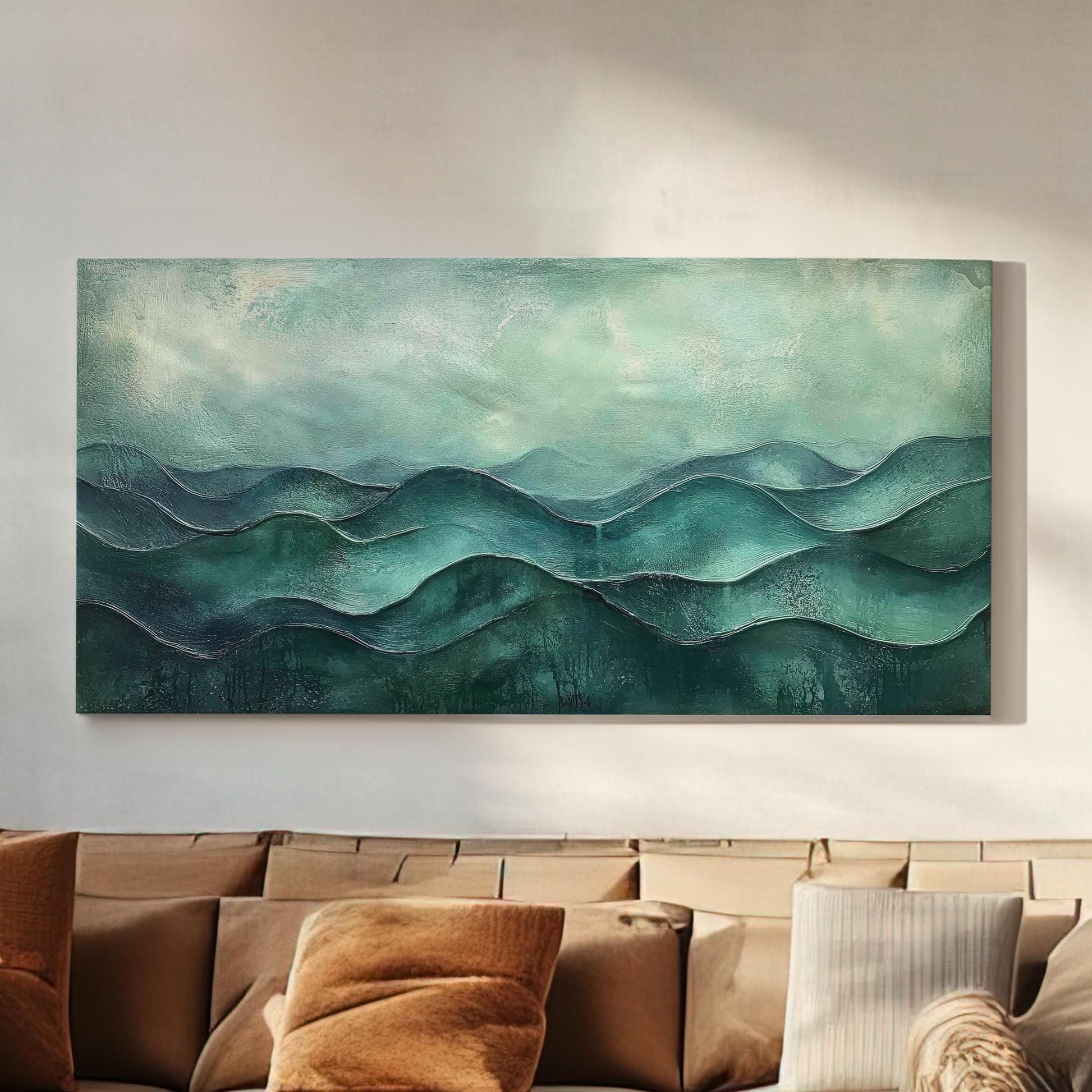 Serene Seascape Canvas Art | Impasto Textured Print | Biophilic Wall Art For Living Room | Jadeite Green Art Horizontal Art