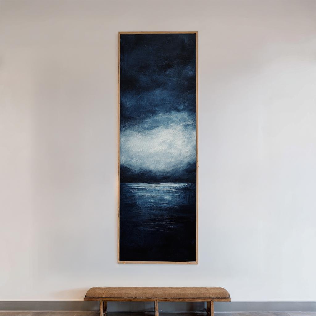 Serene Seascape Canvas Art | Impasto Textural Print | Coastal Bohemian Wall Art For Living Room | Midnight Blue Silver Art Long Vertical Art