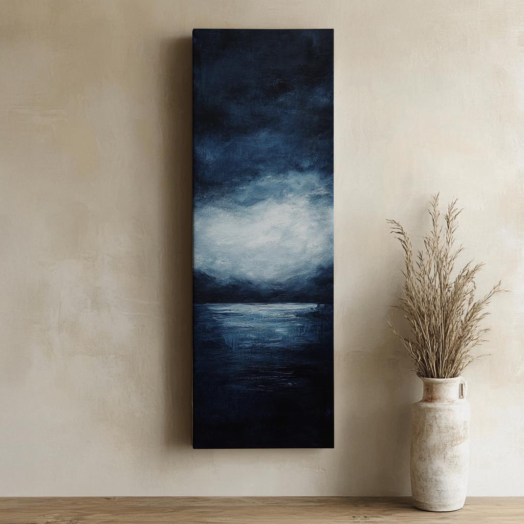Serene Seascape Canvas Art | Impasto Textural Print | Coastal Bohemian Wall Art For Living Room | Midnight Blue Silver Art Long Vertical Art