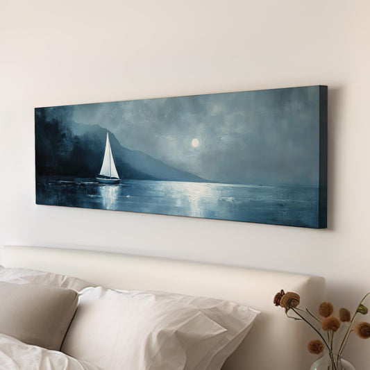 Serene Seascape Canvas Art | Impasto Print | Coastal Farmhouse Wall Art For Living Room | Steel Blue Art Panoramic Wall Art