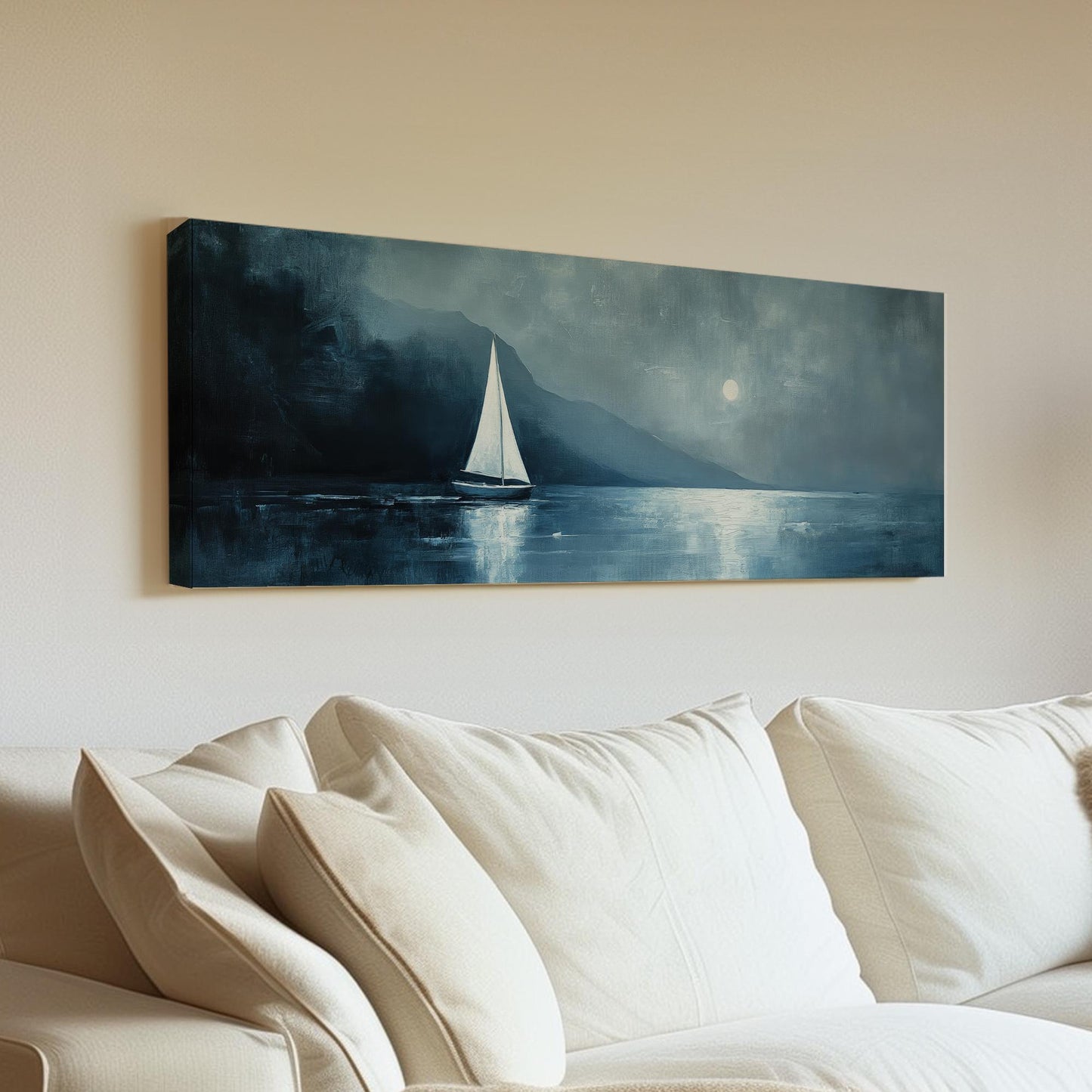 Serene Seascape Canvas Art | Impasto Print | Coastal Farmhouse Wall Art For Living Room | Steel Blue Art Panoramic Wall Art