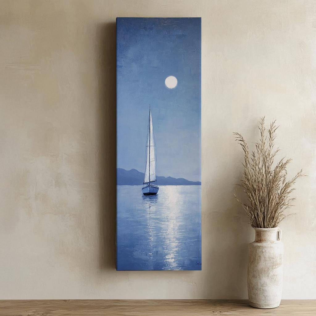 Serene Seascape Canvas Art | Impasto Palette Knife Print | Coastal Bohemian Wall Art For Living Room | Periwinkle Blue Art Long Vertical Art