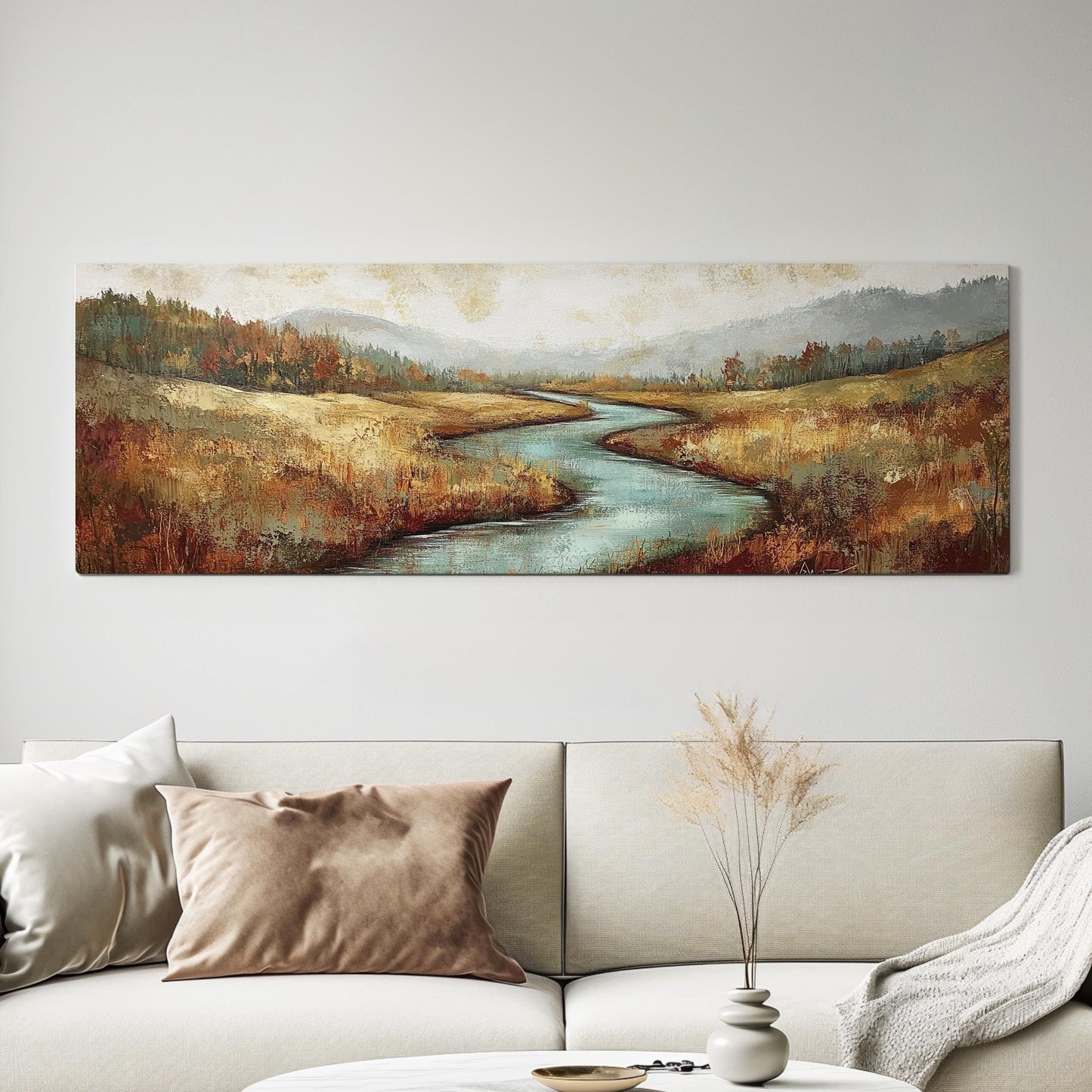 Serene River Landscape Canvas Art | Impasto Impressionism Print | Transitional Wall Art For Living Room Panoramic Wall Art