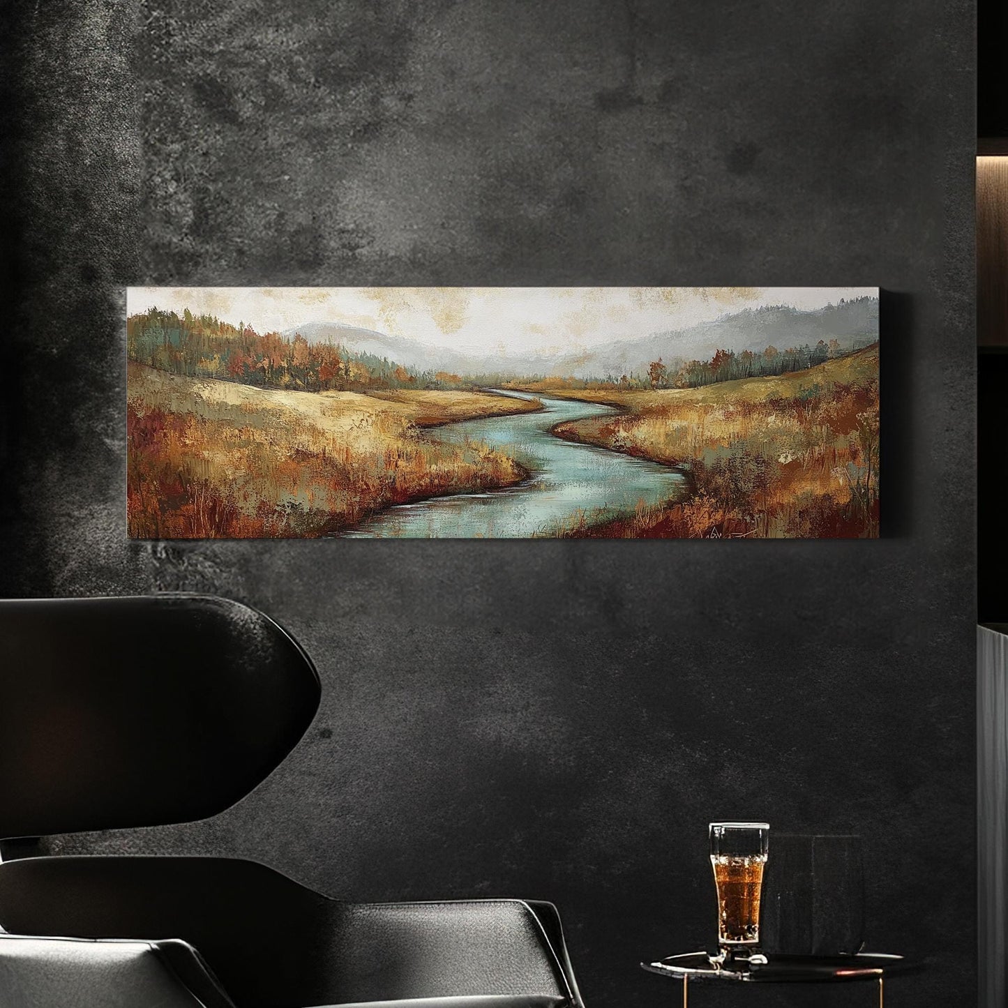 Serene River Landscape Canvas Art | Impasto Impressionism Print | Transitional Wall Art For Living Room Panoramic Wall Art