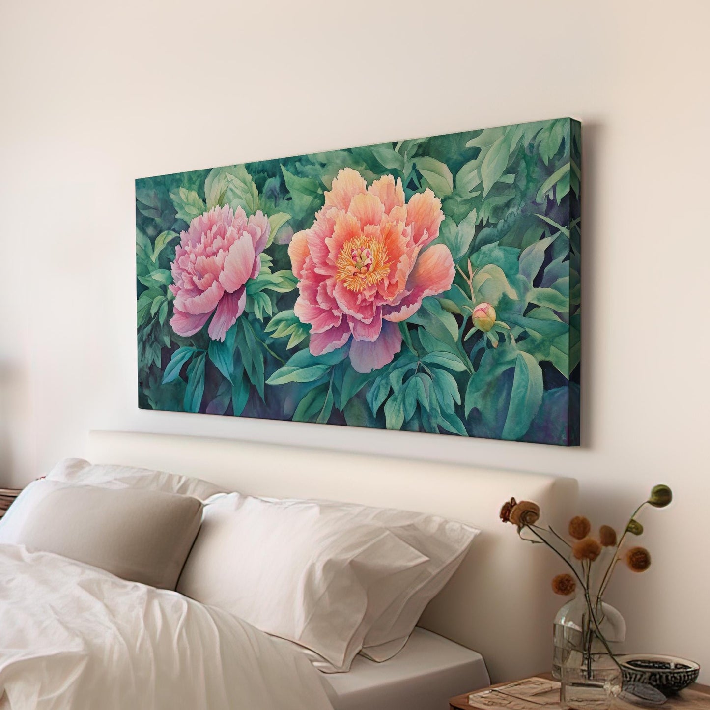 Serene Peonies Canvas Art | Watercolor Botanical Print | Bohemian Modern Wall Art For Living Room | Blush Pink Jade Art Horizontal Art