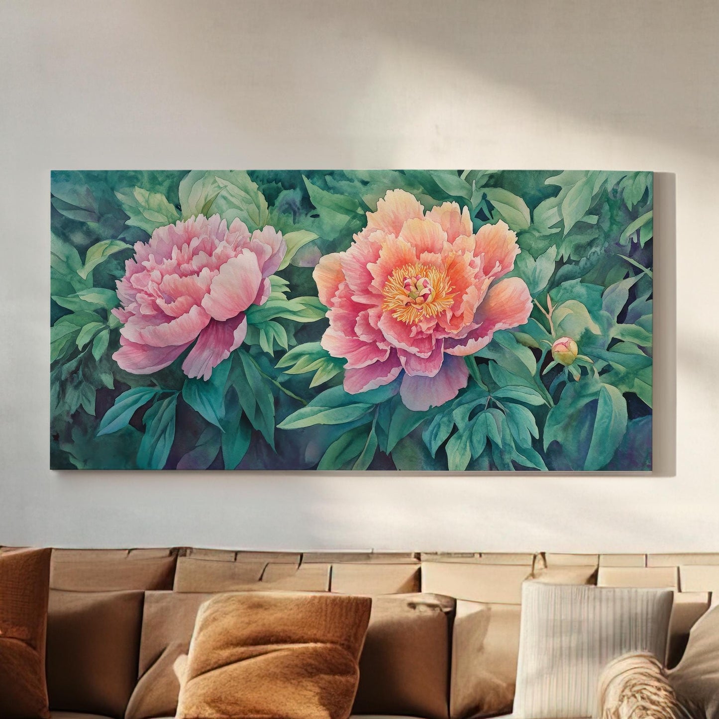 Serene Peonies Canvas Art | Watercolor Botanical Print | Bohemian Modern Wall Art For Living Room | Blush Pink Jade Art Horizontal Art