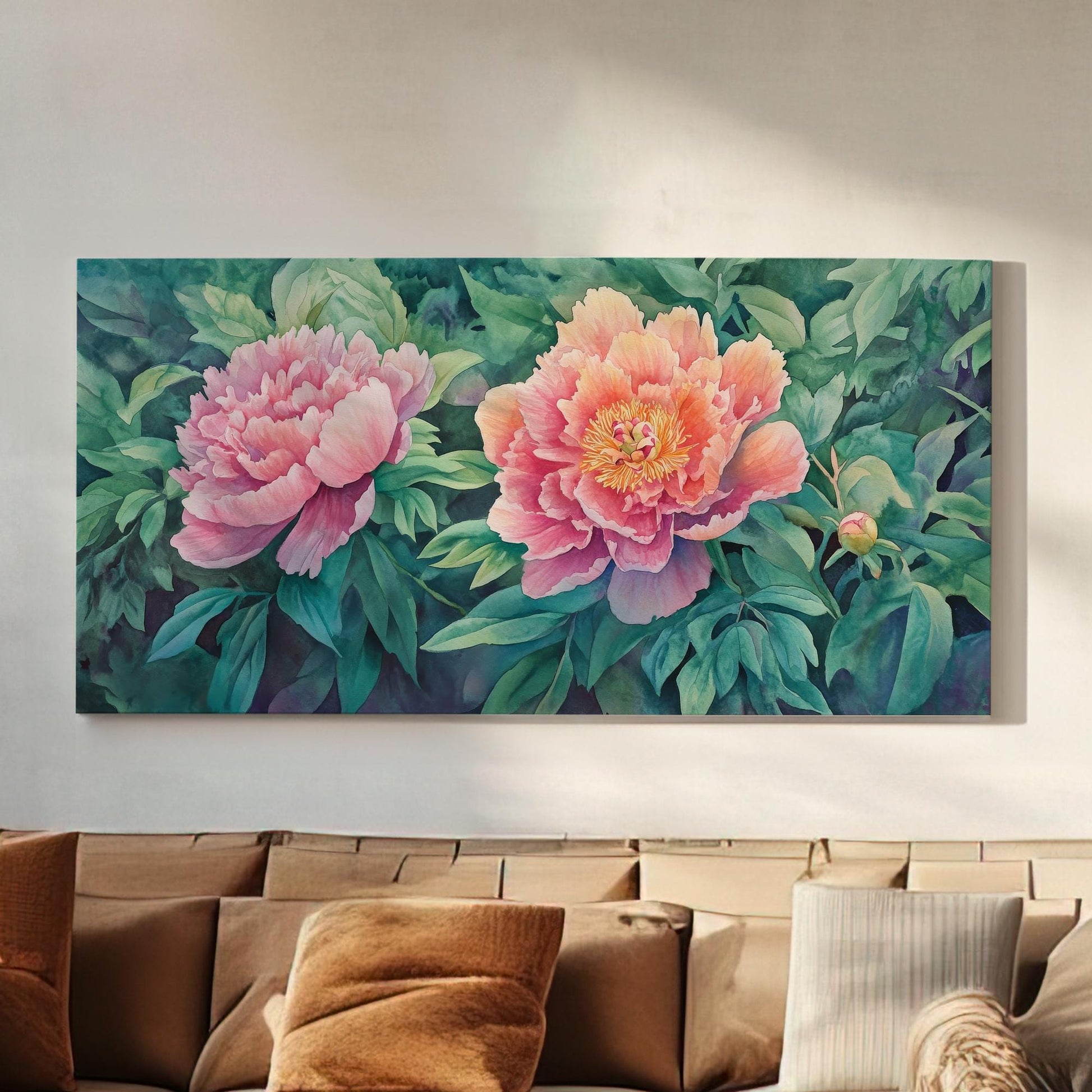 Serene Peonies Canvas Art | Watercolor Botanical Print | Bohemian Modern Wall Art For Living Room | Blush Pink Jade Art Horizontal Art