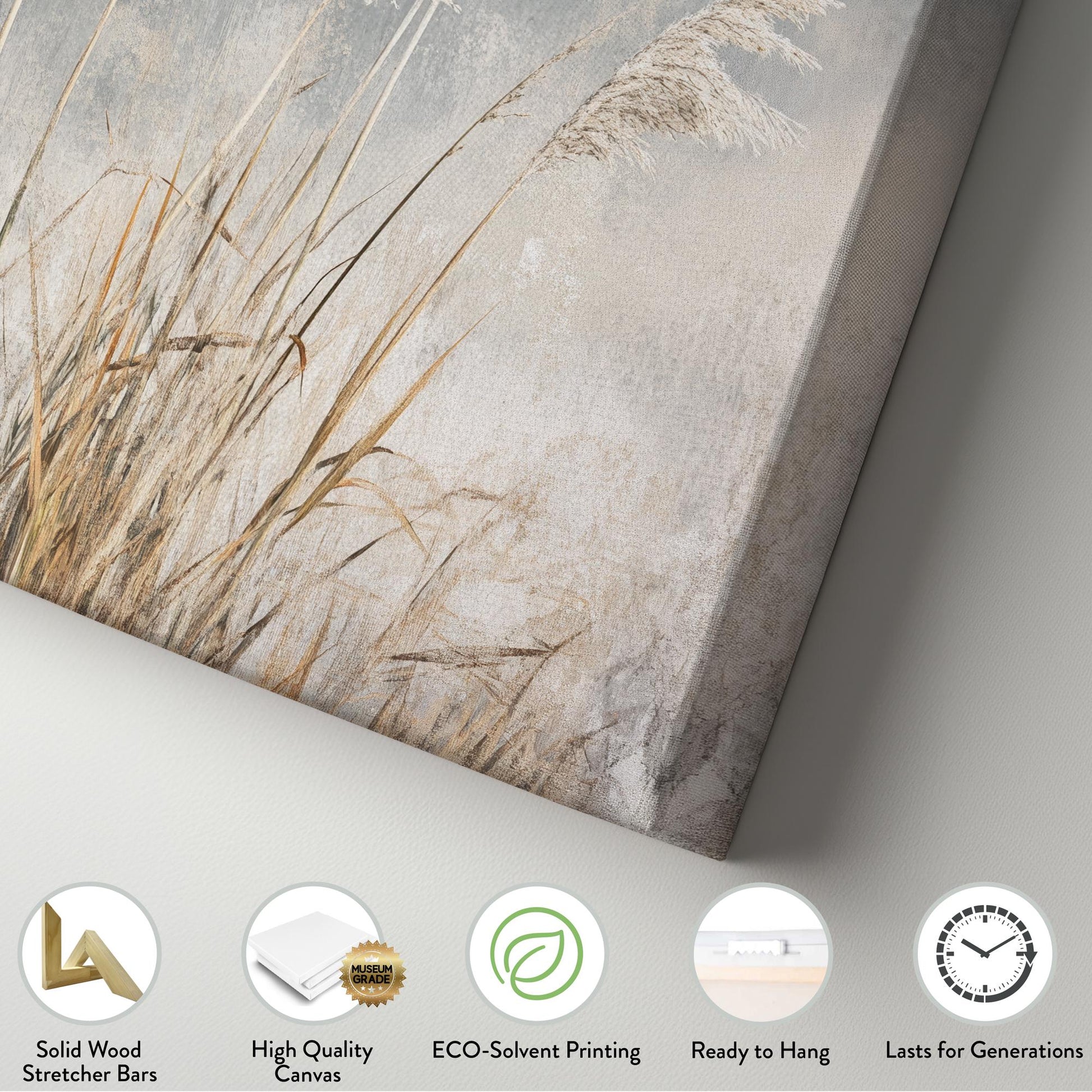 Serene Pampas Grass Canvas Art | Textured Botanical Print | Tranquil Farmhouse Wall Art For Living Room | Silver Sage Art Vertical Canvas