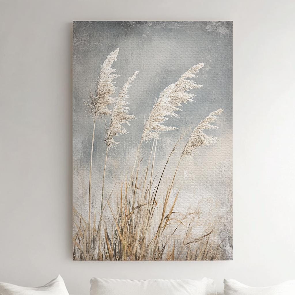 Serene Pampas Grass Canvas Art | Textured Botanical Print | Tranquil Farmhouse Wall Art For Living Room | Silver Sage Art Vertical Canvas