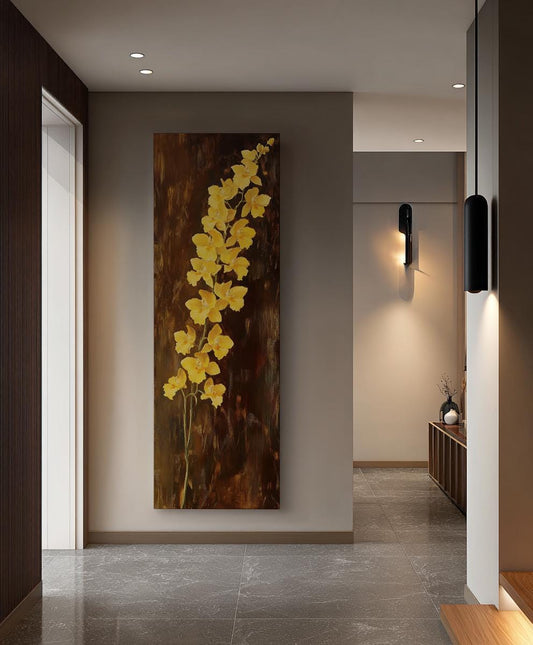 Golden Orchids Canvas Art | Impasto Floral Print | Bohemian Wall Art For Living Room | Honey Amber Art Long Vertical Art