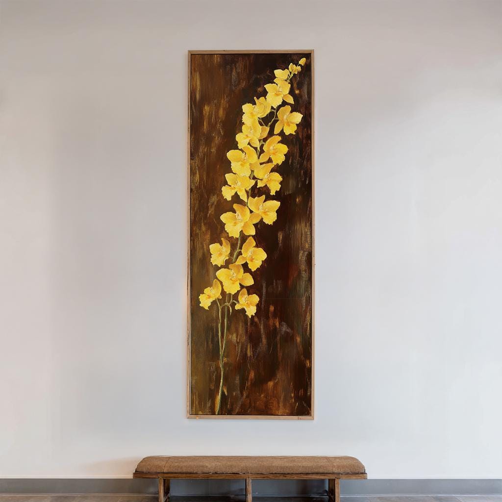 Golden Orchids Canvas Art | Impasto Floral Print | Bohemian Wall Art For Living Room | Honey Amber Art Long Vertical Art