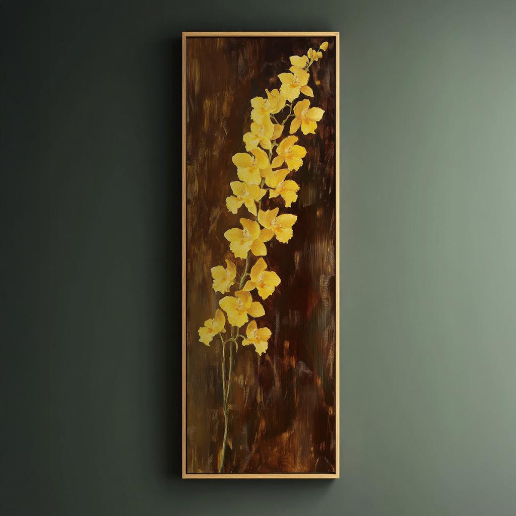 Golden Orchids Canvas Art | Impasto Floral Print | Bohemian Wall Art For Living Room | Honey Amber Art Long Vertical Art