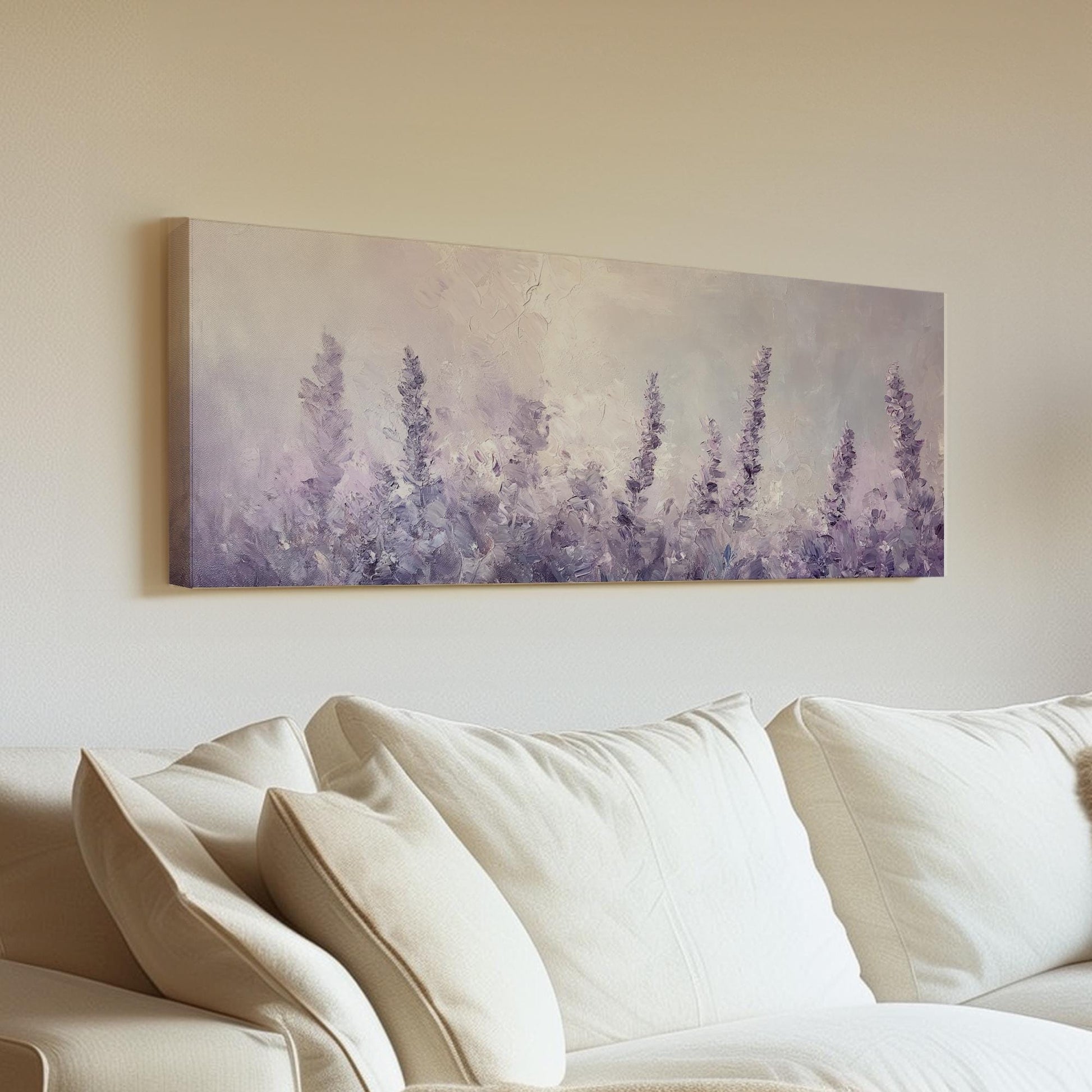 Lavender Field Impressionism Canvas Art | Palette Knife Impasto Print | Bohemian Wall Art For Bedroom | Lilac Mist Art Panoramic Wall Art