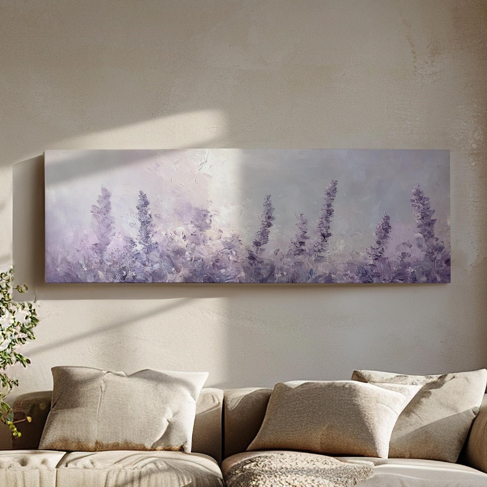 Lavender Field Impressionism Canvas Art | Palette Knife Impasto Print | Bohemian Wall Art For Bedroom | Lilac Mist Art Panoramic Wall Art