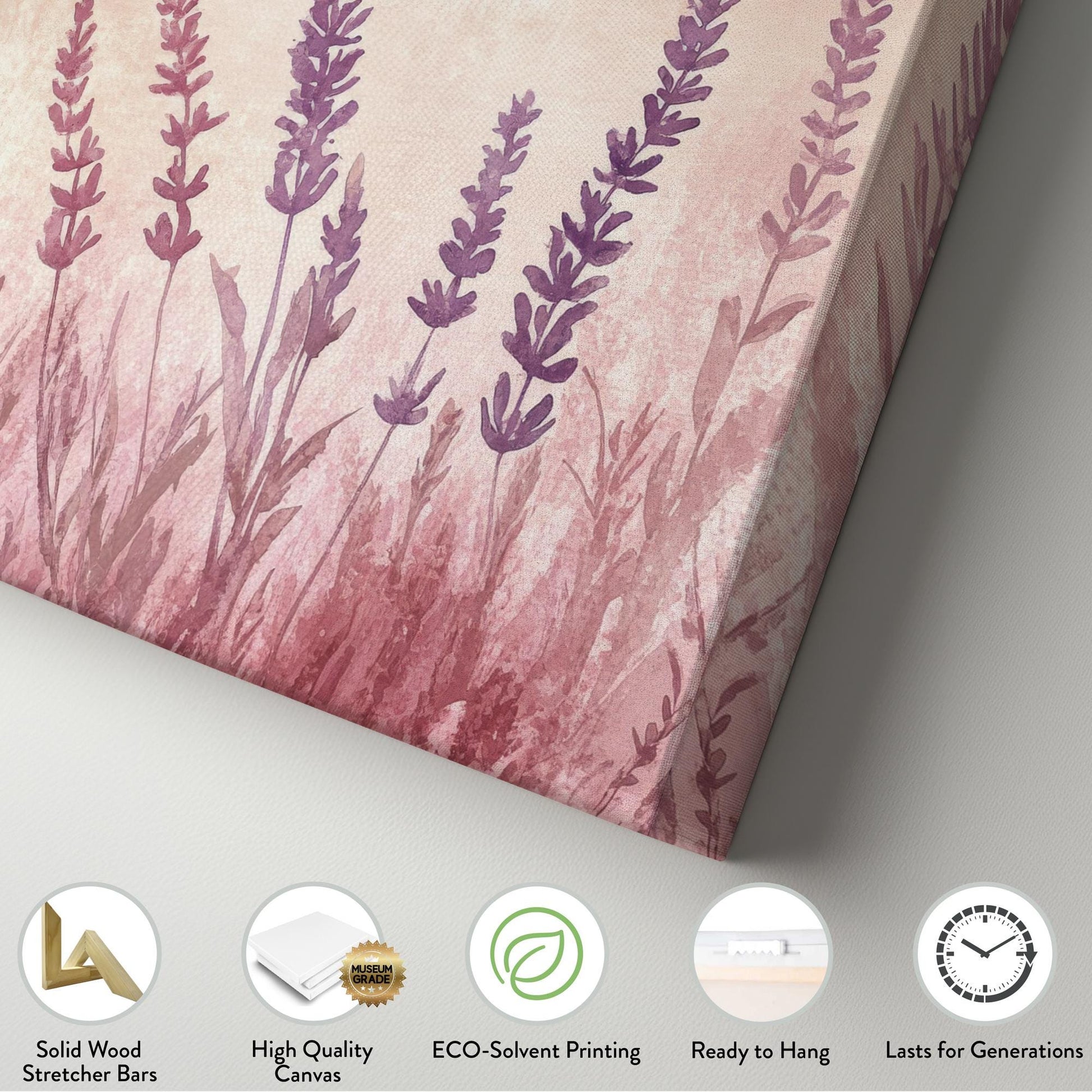 Lavender Field Watercolor Canvas Art | Romantic Botanical Print | Bohemian Wall Art For Bedroom | Blush Pink Mauve Art Horizontal Art