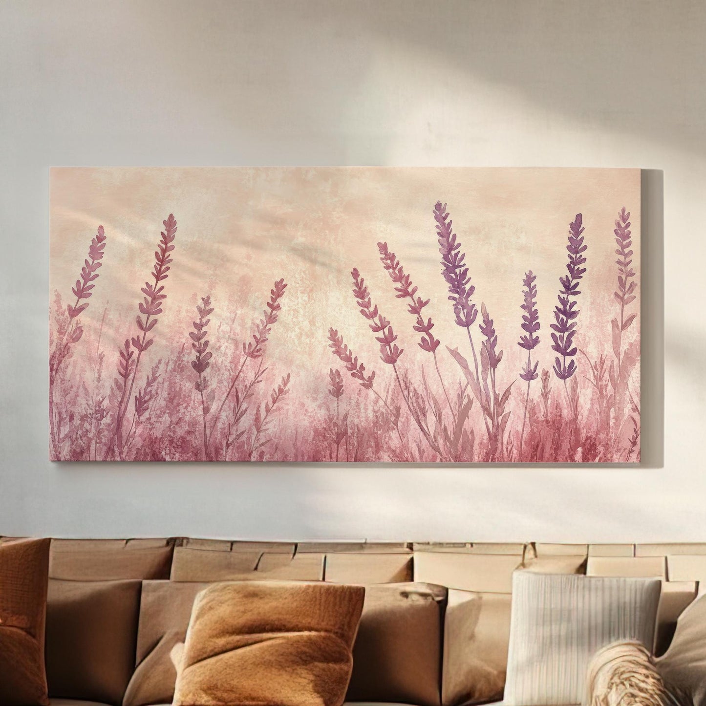 Lavender Field Watercolor Canvas Art | Romantic Botanical Print | Bohemian Wall Art For Bedroom | Blush Pink Mauve Art Horizontal Art