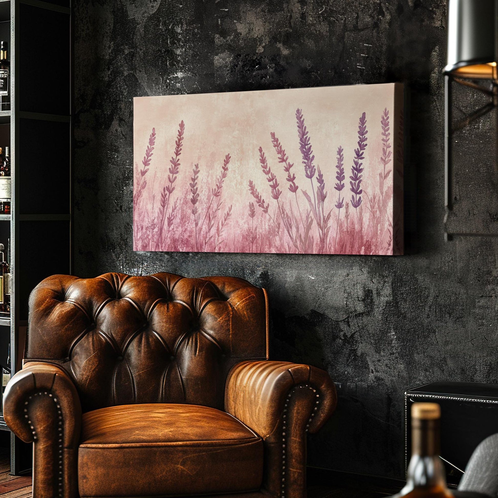 Lavender Field Watercolor Canvas Art | Romantic Botanical Print | Bohemian Wall Art For Bedroom | Blush Pink Mauve Art Horizontal Art