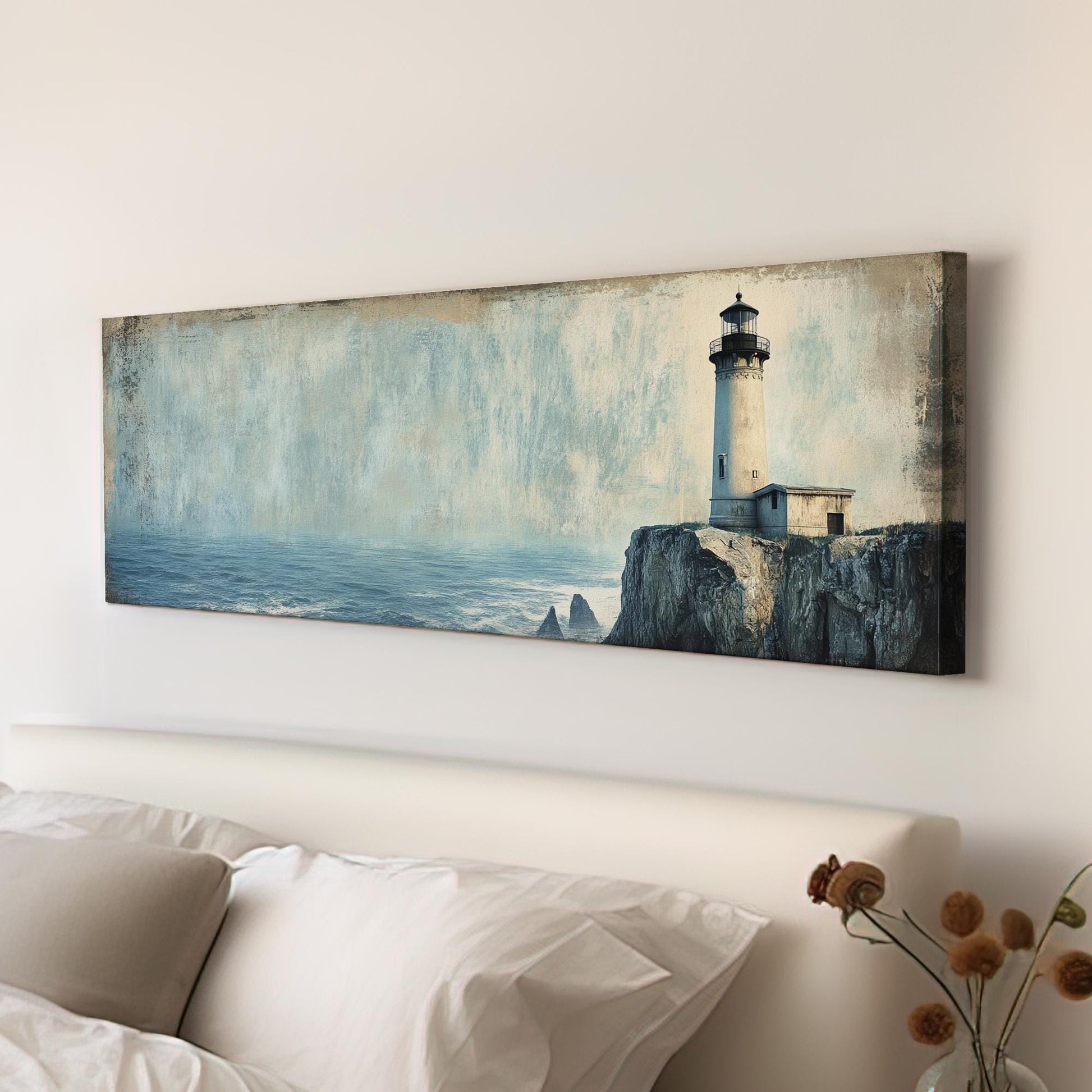 Lighthouse Coastal Canvas Art | Textured Impressionism Print | Tranquil Coastal Wall Art For Living Room Panoramic Wall Art