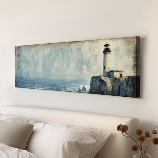 Lighthouse Coastal Canvas Art | Textured Impressionism Print | Tranquil Coastal Wall Art For Living Room Panoramic Wall Art