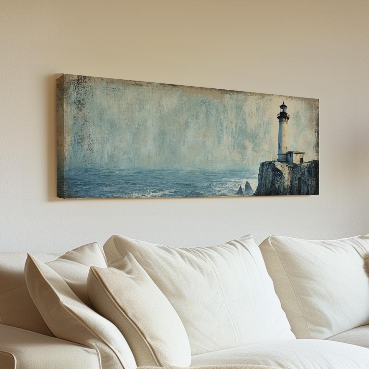 Lighthouse Coastal Canvas Art | Textured Impressionism Print | Tranquil Coastal Wall Art For Living Room Panoramic Wall Art