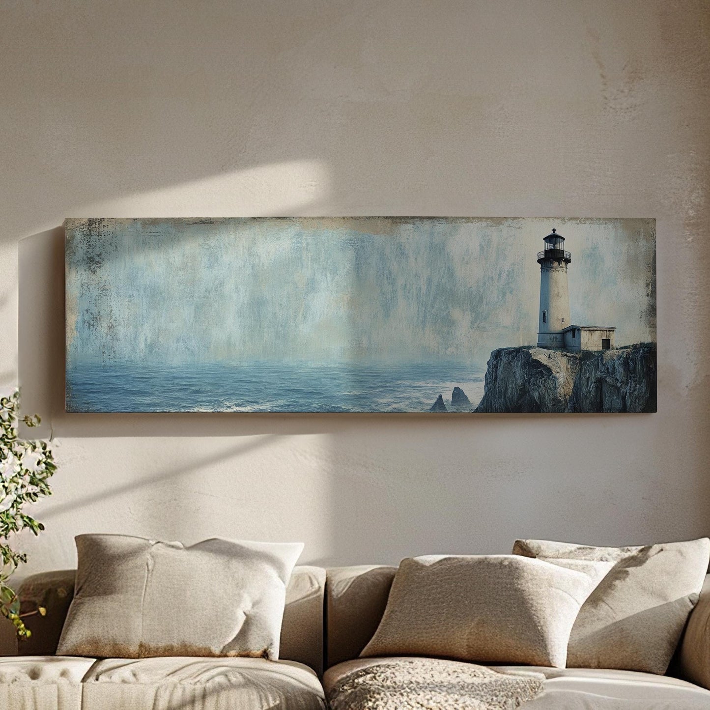 Lighthouse Coastal Canvas Art | Textured Impressionism Print | Tranquil Coastal Wall Art For Living Room Panoramic Wall Art