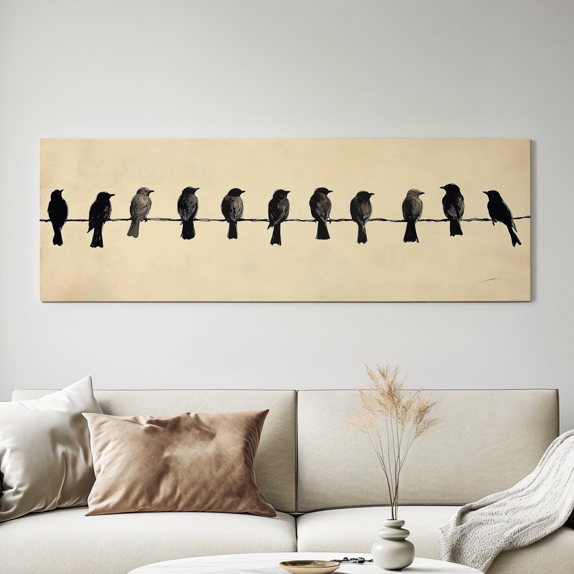 Linear Bird Silhouette Canvas Art | Monochromatic Linocut Print | Minimalist Wall Art For Above Couch | Bone White Art Panoramic Wall Art