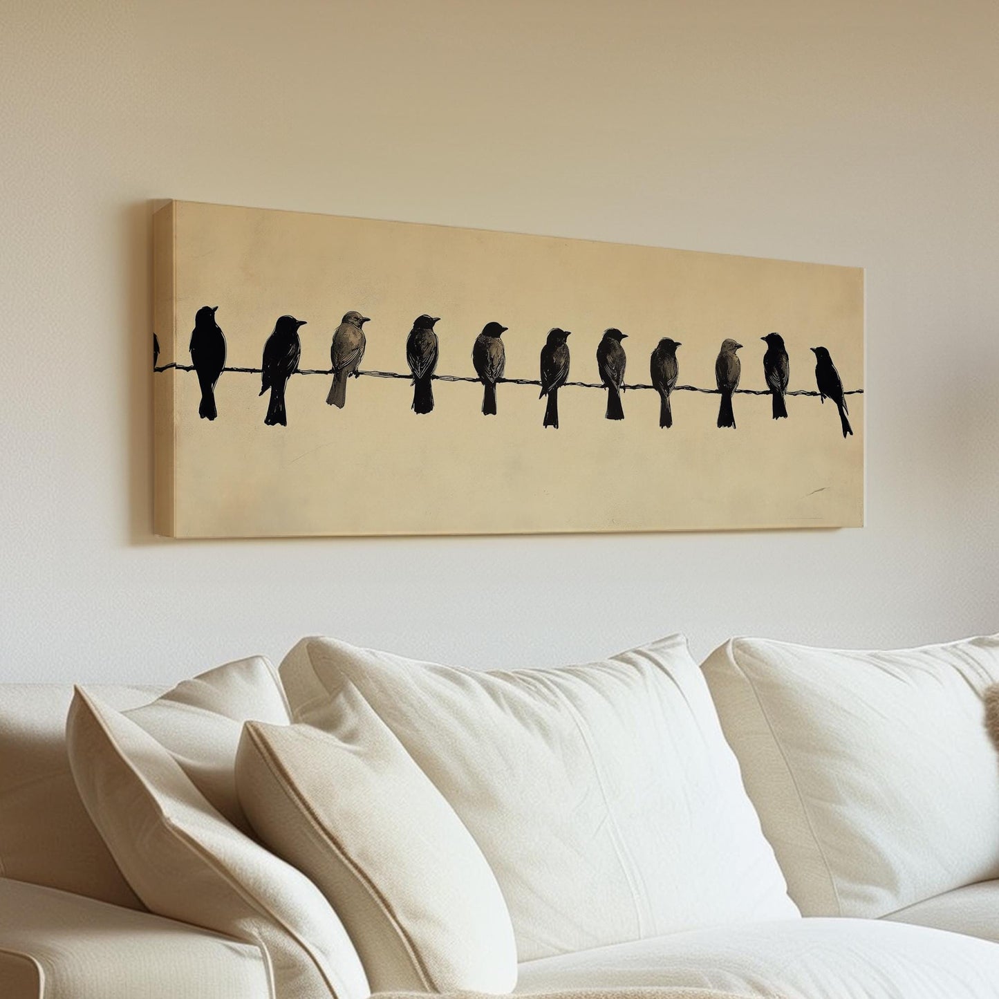 Linear Bird Silhouette Canvas Art | Monochromatic Linocut Print | Minimalist Wall Art For Above Couch | Bone White Art Panoramic Wall Art
