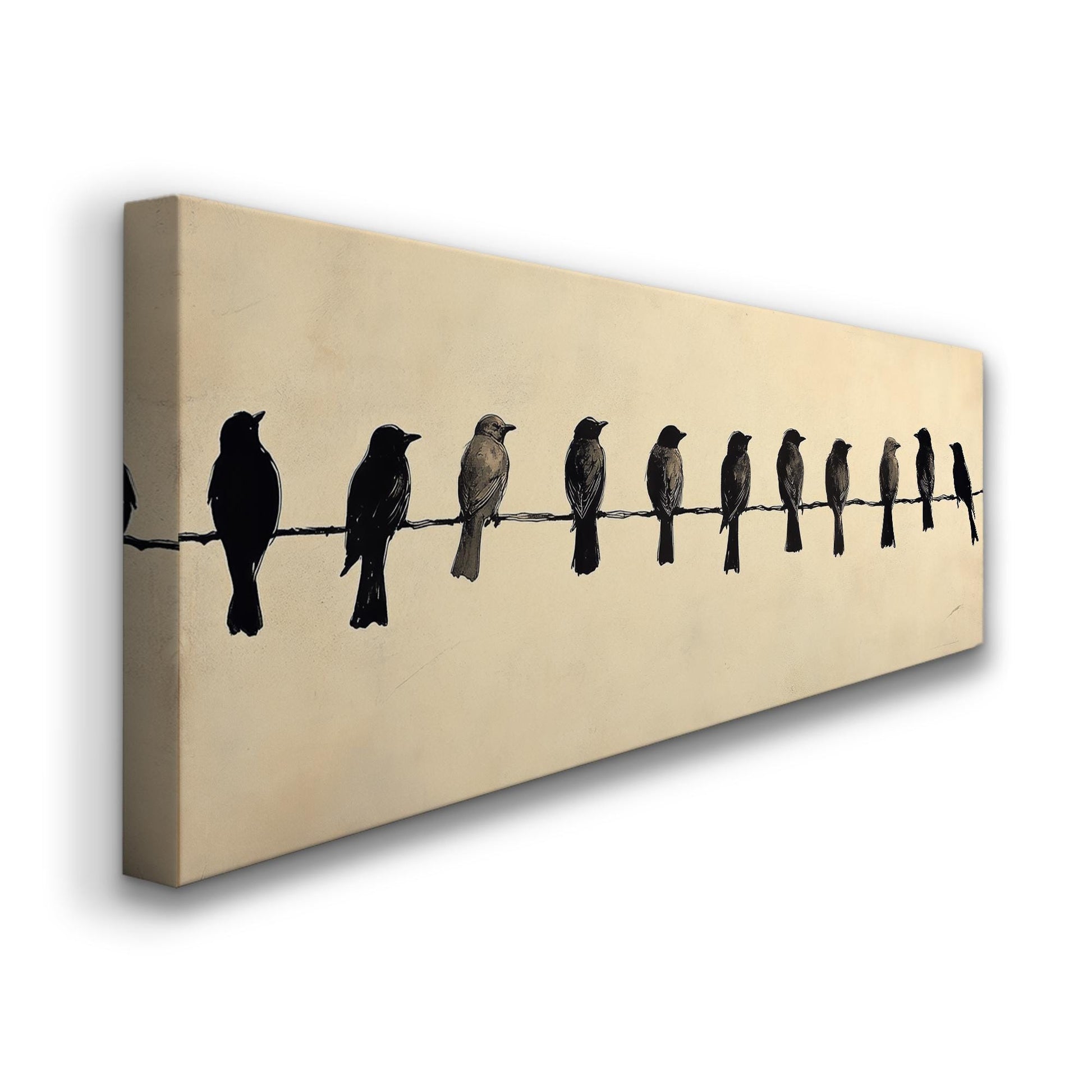 Linear Bird Silhouette Canvas Art | Monochromatic Linocut Print | Minimalist Wall Art For Above Couch | Bone White Art Panoramic Wall Art