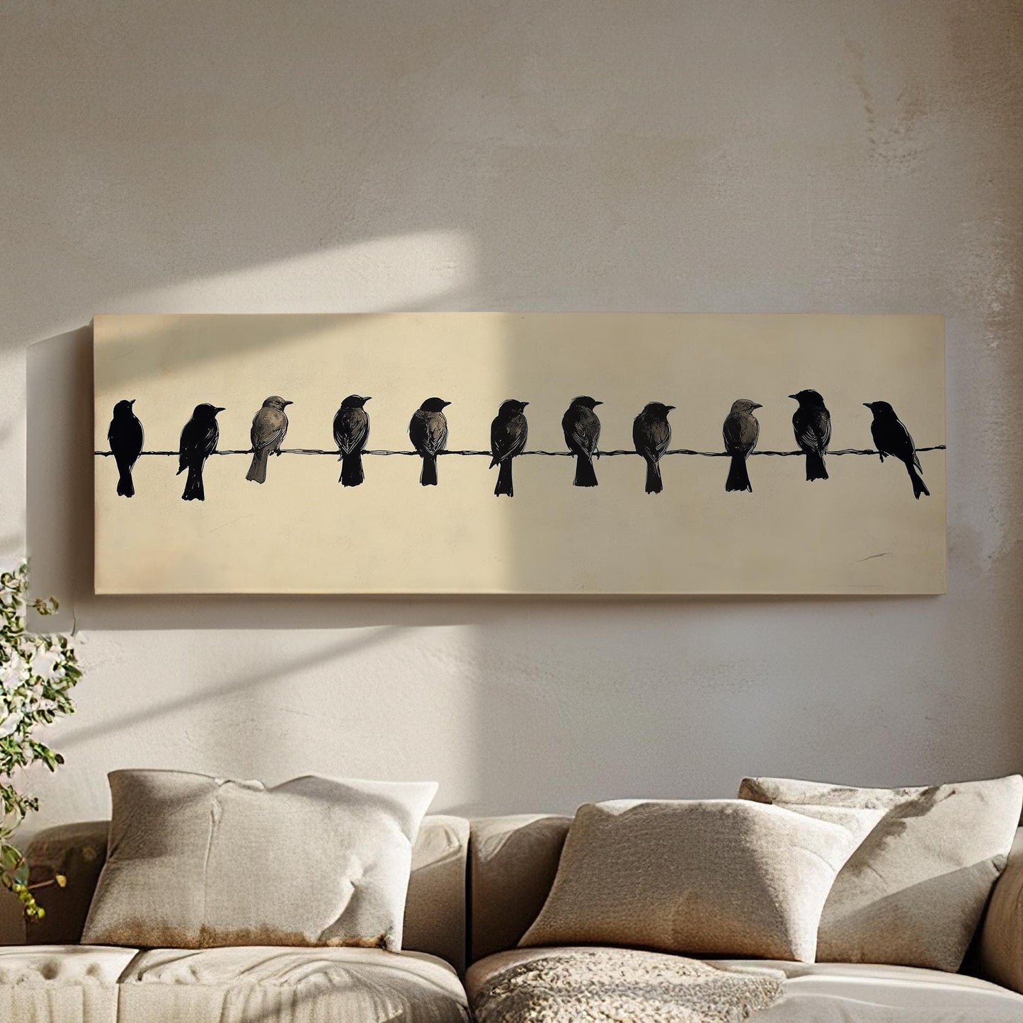 Linear Bird Silhouette Canvas Art | Monochromatic Linocut Print | Minimalist Wall Art For Above Couch | Bone White Art Panoramic Wall Art