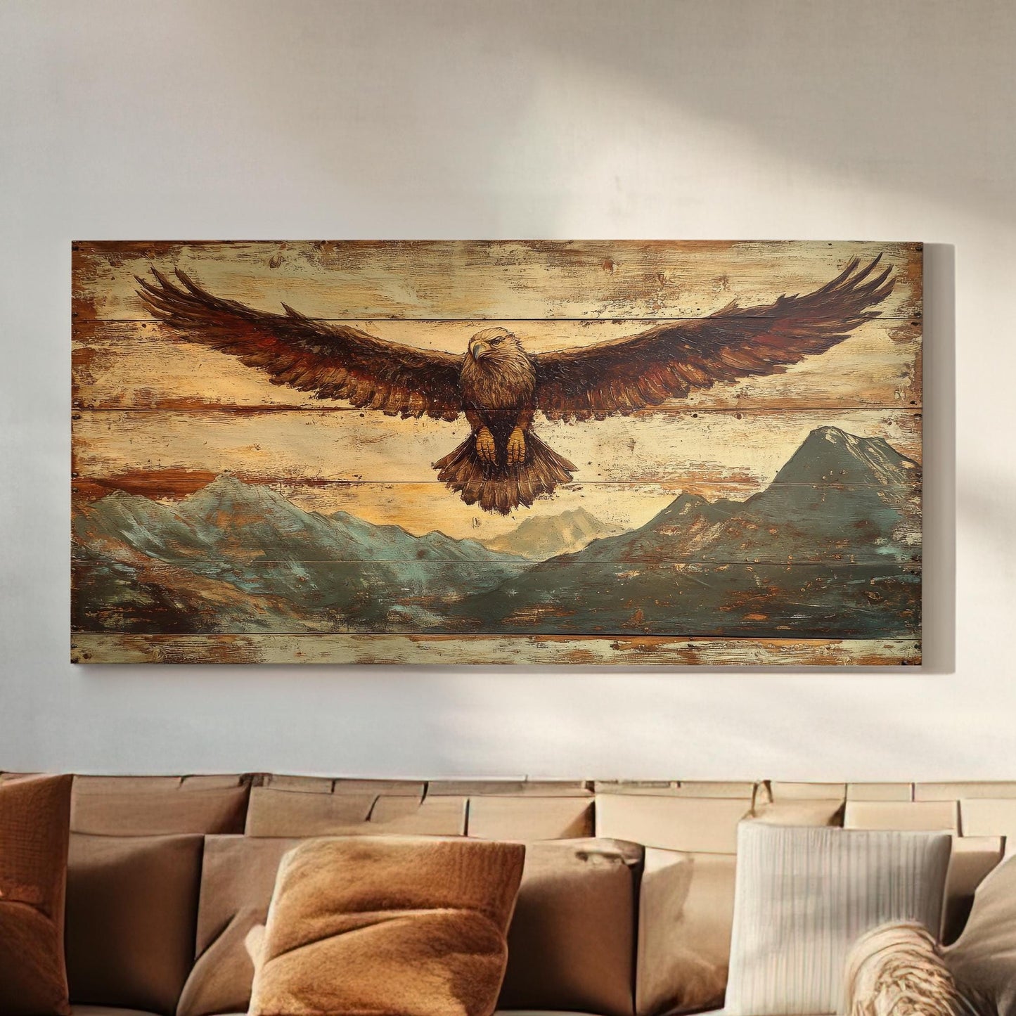 Majestic Eagle Canvas Art | Reclaimed Wood Print | Bohemian Wall Art For Living Room | Antique Gold Art Horizontal Art