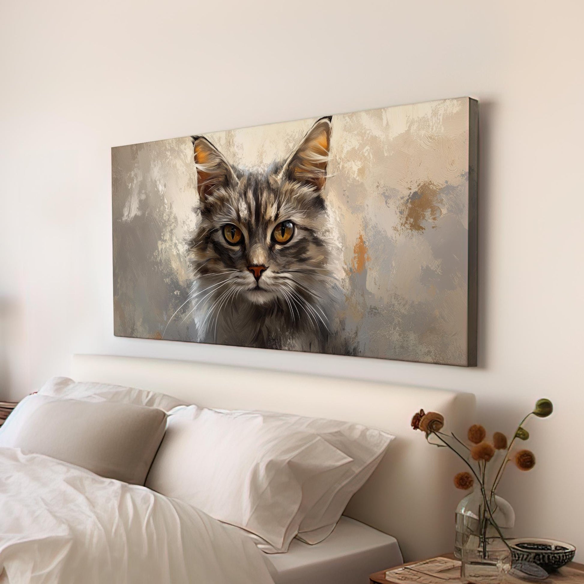 Majestic Maine Coon Canvas Art | Impasto Painting Print | Bohemian Modern Wall Art For Living Room | Taupe Amber Art Horizontal Art