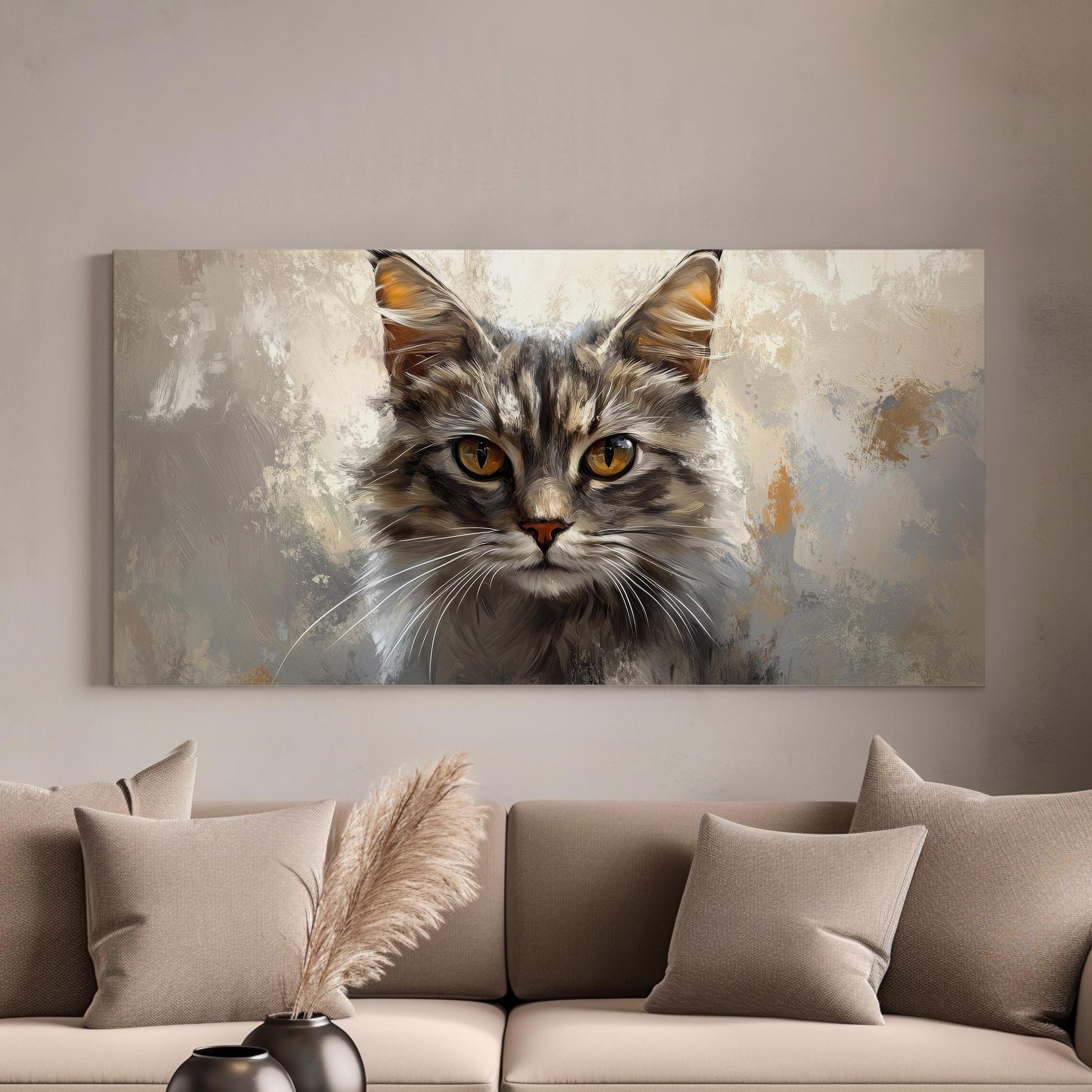 Majestic Maine Coon Canvas Art | Impasto Painting Print | Bohemian Modern Wall Art For Living Room | Taupe Amber Art Horizontal Art