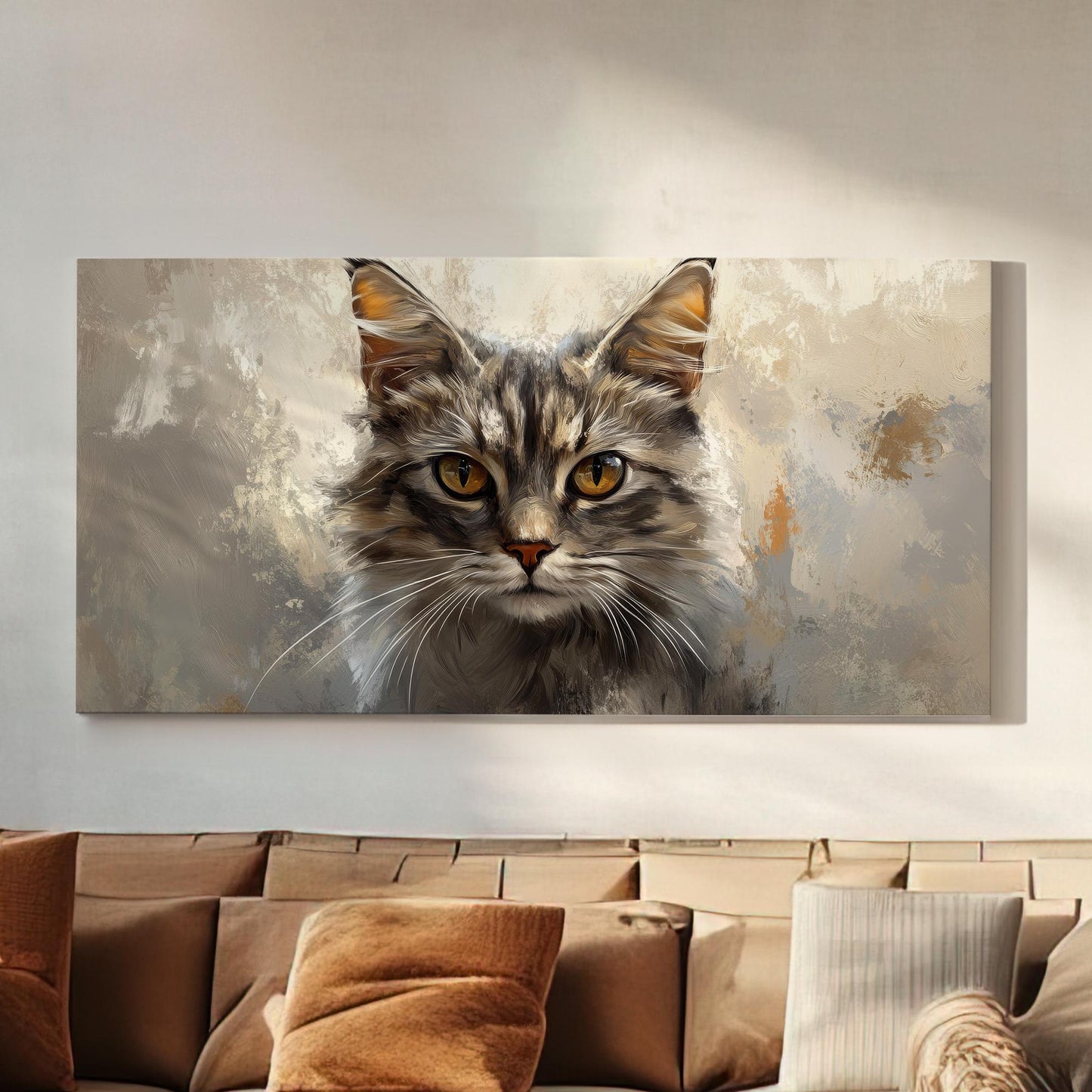 Majestic Maine Coon Canvas Art | Impasto Painting Print | Bohemian Modern Wall Art For Living Room | Taupe Amber Art Horizontal Art