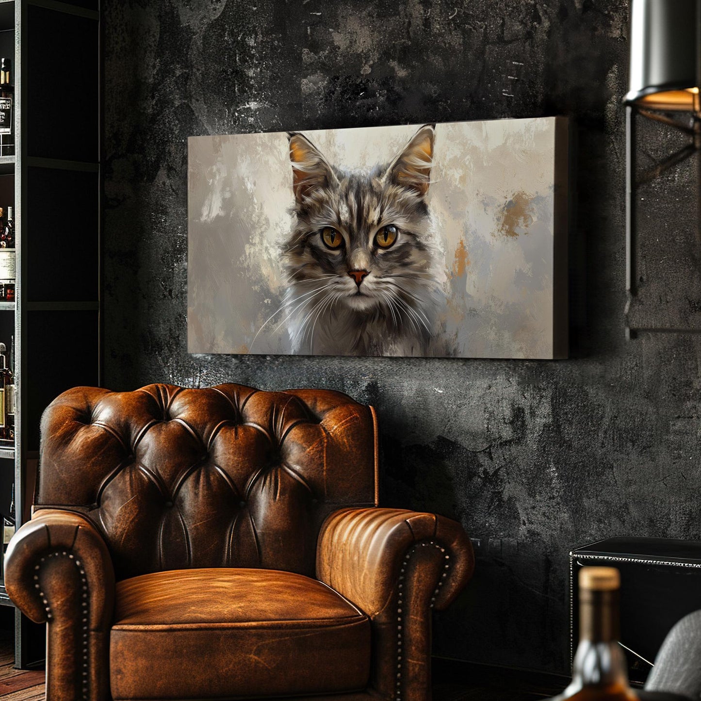 Majestic Maine Coon Canvas Art | Impasto Painting Print | Bohemian Modern Wall Art For Living Room | Taupe Amber Art Horizontal Art