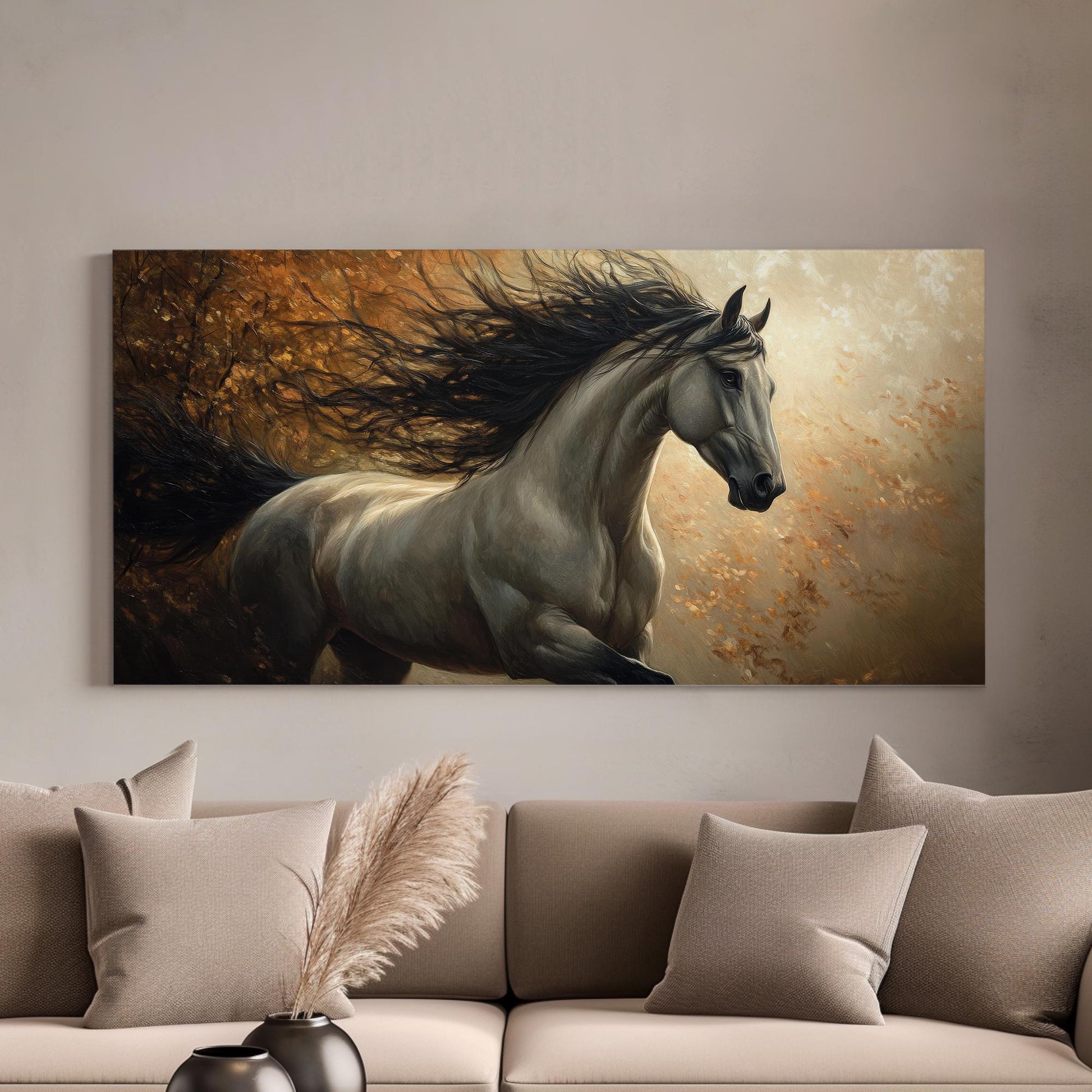 Majestic Stallion Canvas Art | Impasto Impressionism Print | Eclectic Wall Art For Living Room | Warm Taupe Bronze Art Horizontal Art