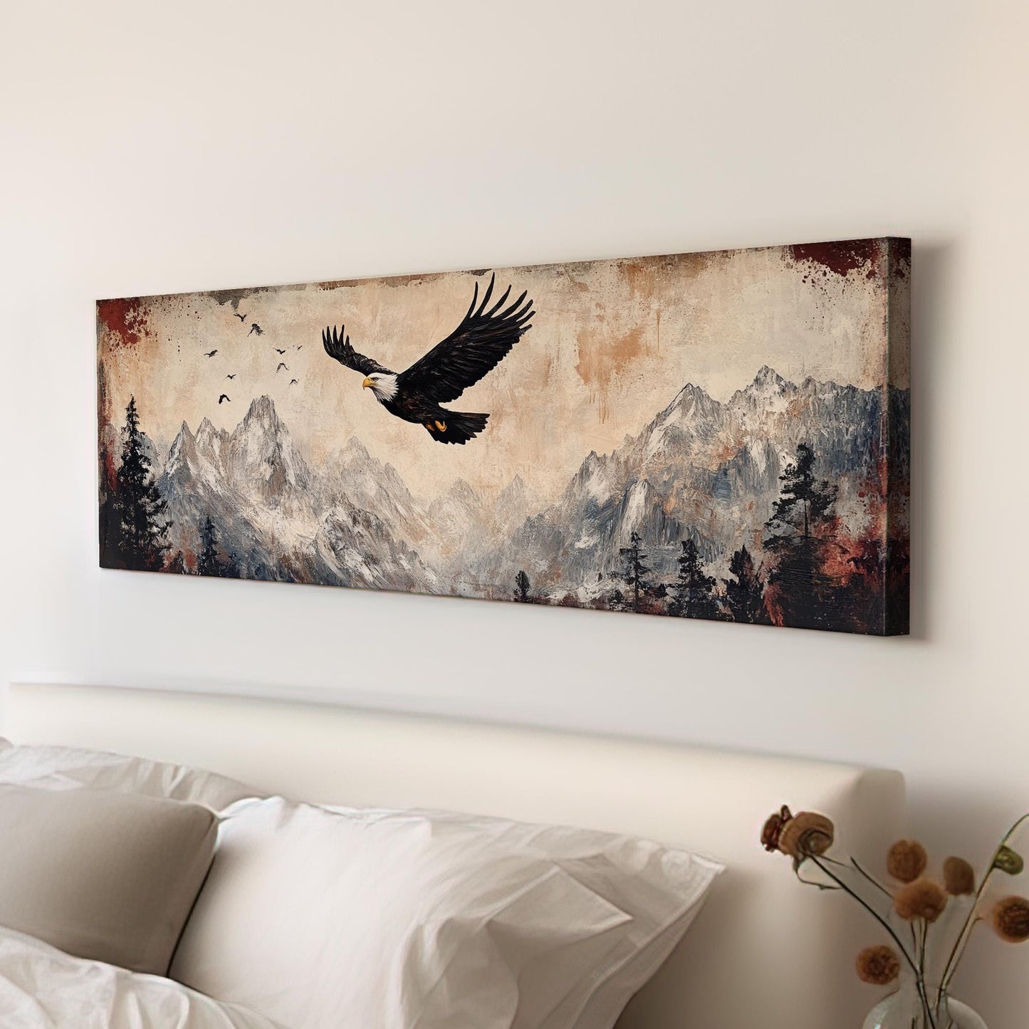 Majestic Eagle Soaring Canvas Art | Impasto Print | Mountain Modern Wall Art For Living Room | Desert Sunset Art Panoramic Wall Art
