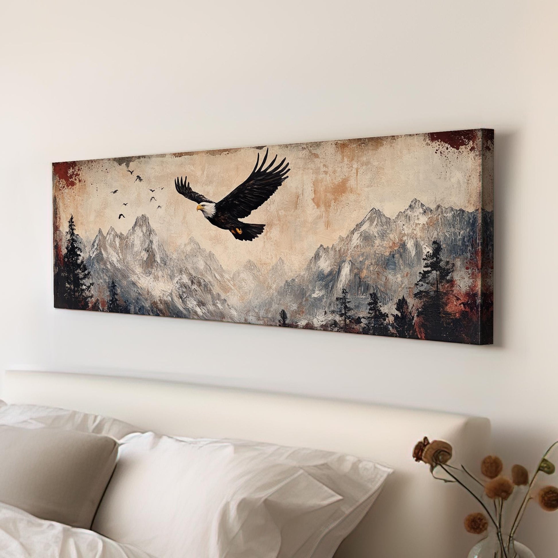 Majestic Eagle Soaring Canvas Art | Impasto Print | Mountain Modern Wall Art For Living Room | Desert Sunset Art Panoramic Wall Art