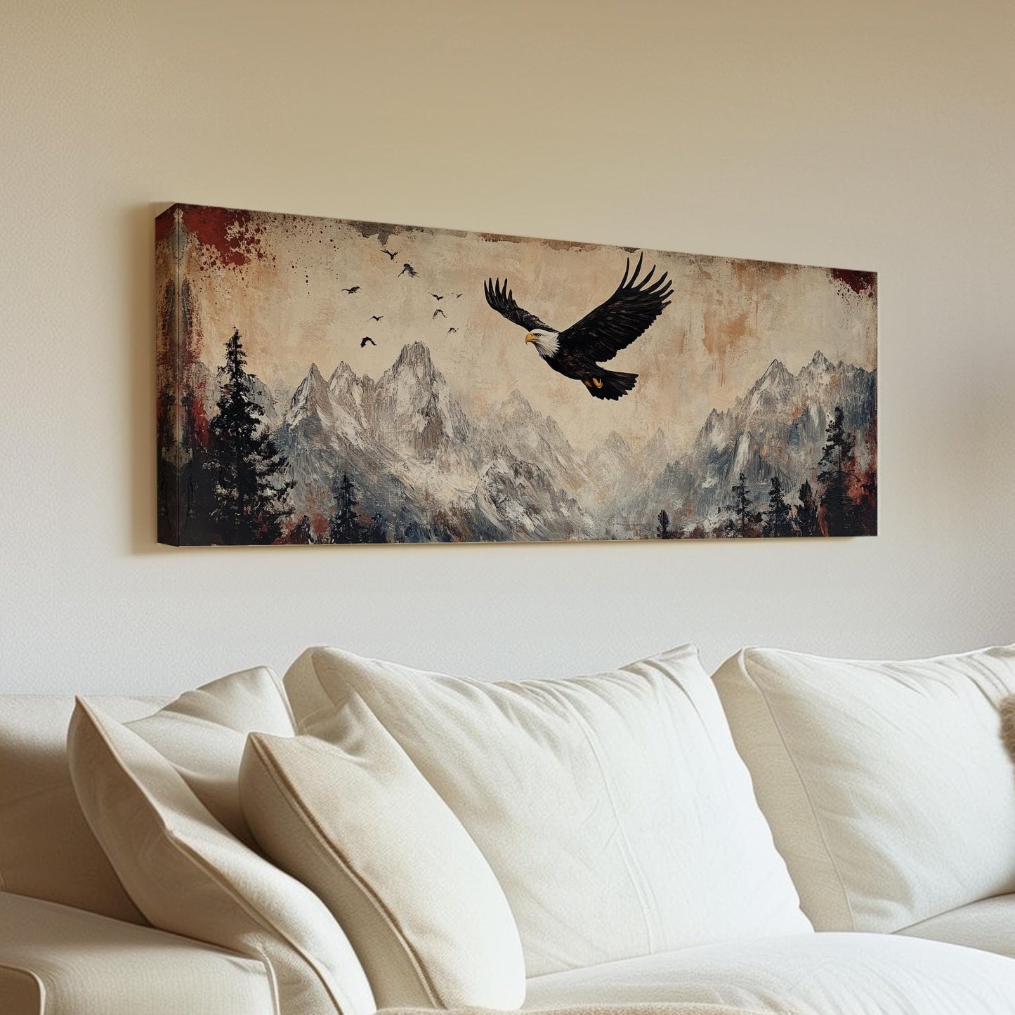Majestic Eagle Soaring Canvas Art | Impasto Print | Mountain Modern Wall Art For Living Room | Desert Sunset Art Panoramic Wall Art