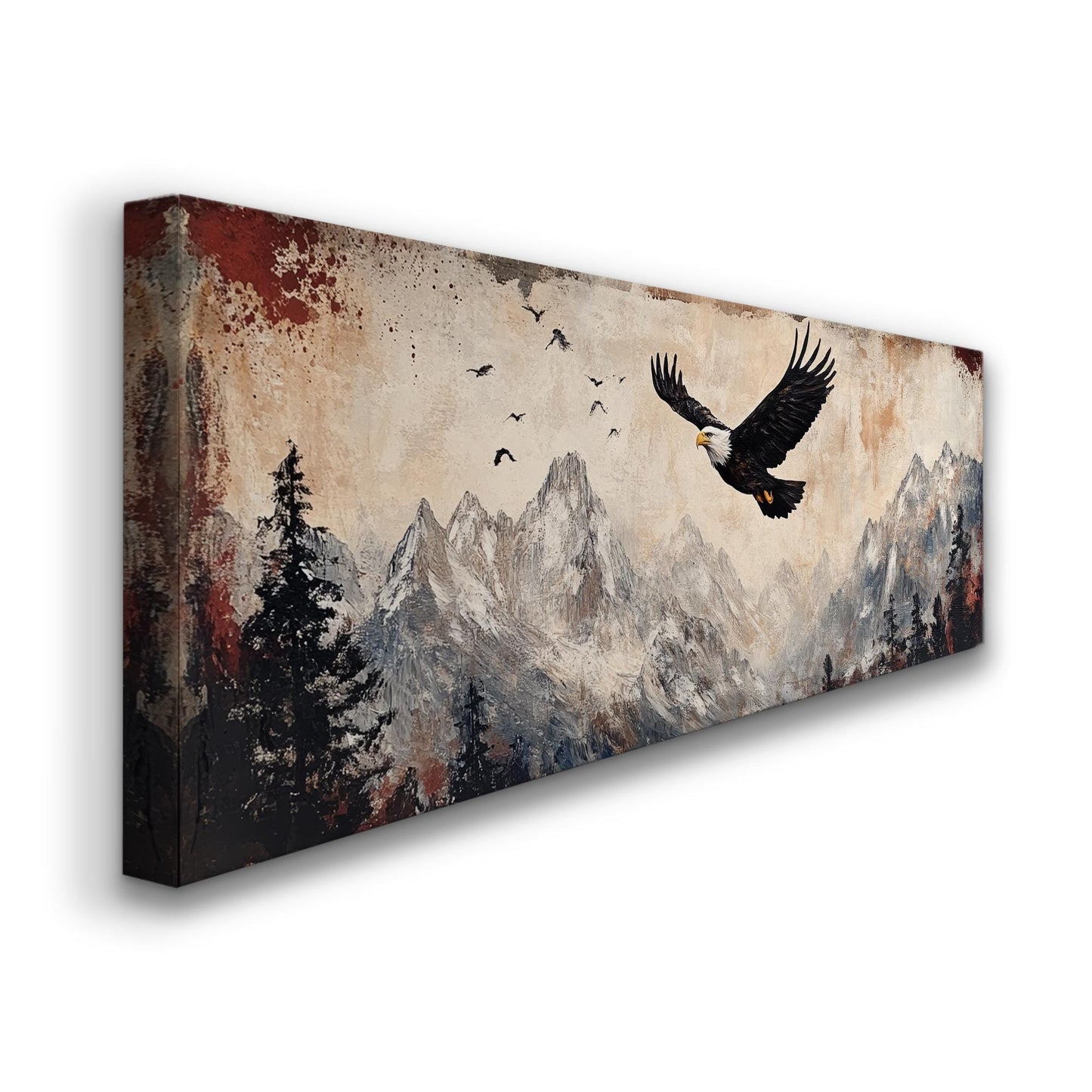 Majestic Eagle Soaring Canvas Art | Impasto Print | Mountain Modern Wall Art For Living Room | Desert Sunset Art Panoramic Wall Art