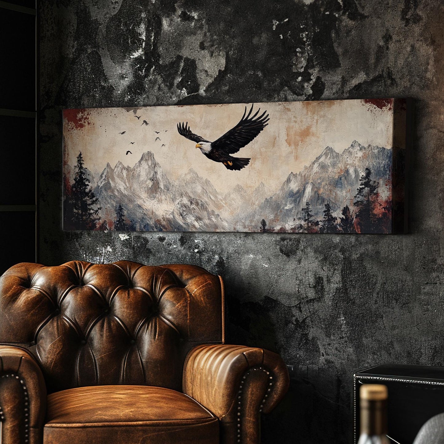 Majestic Eagle Soaring Canvas Art | Impasto Print | Mountain Modern Wall Art For Living Room | Desert Sunset Art Panoramic Wall Art