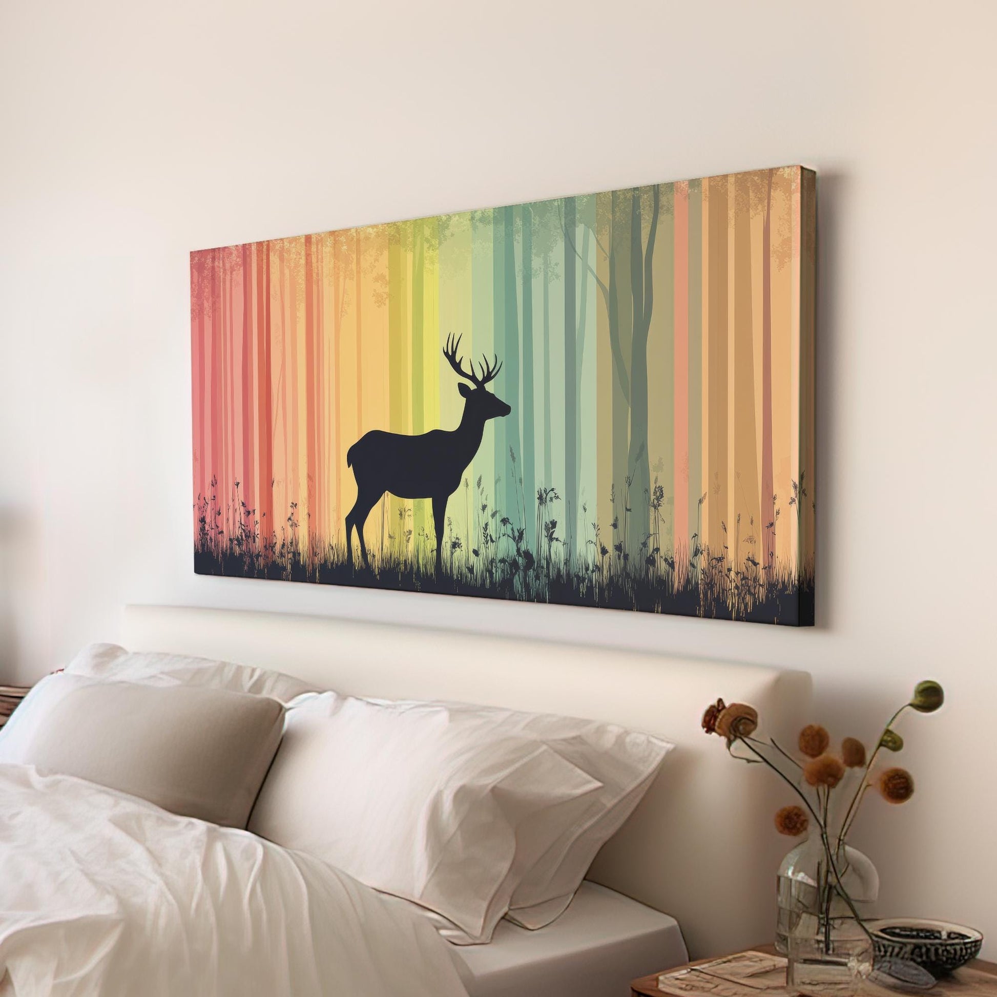 Majestic Deer Silhouette Canvas Art | Bohemian Minimalist Print | Biophilic Wall Art For Living Room | Earthy Ochre Art Horizontal Art